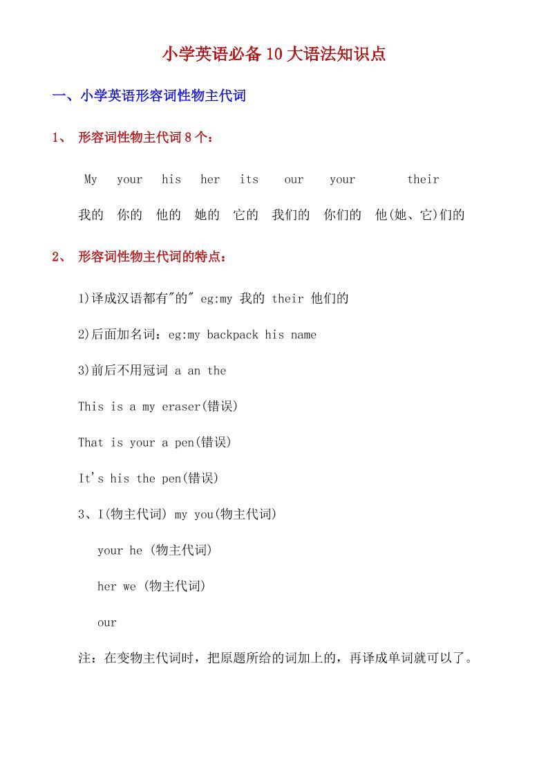 六下英语总复习小学英语必备10大语法知识点_练习题|试卷|知识点|复习提纲