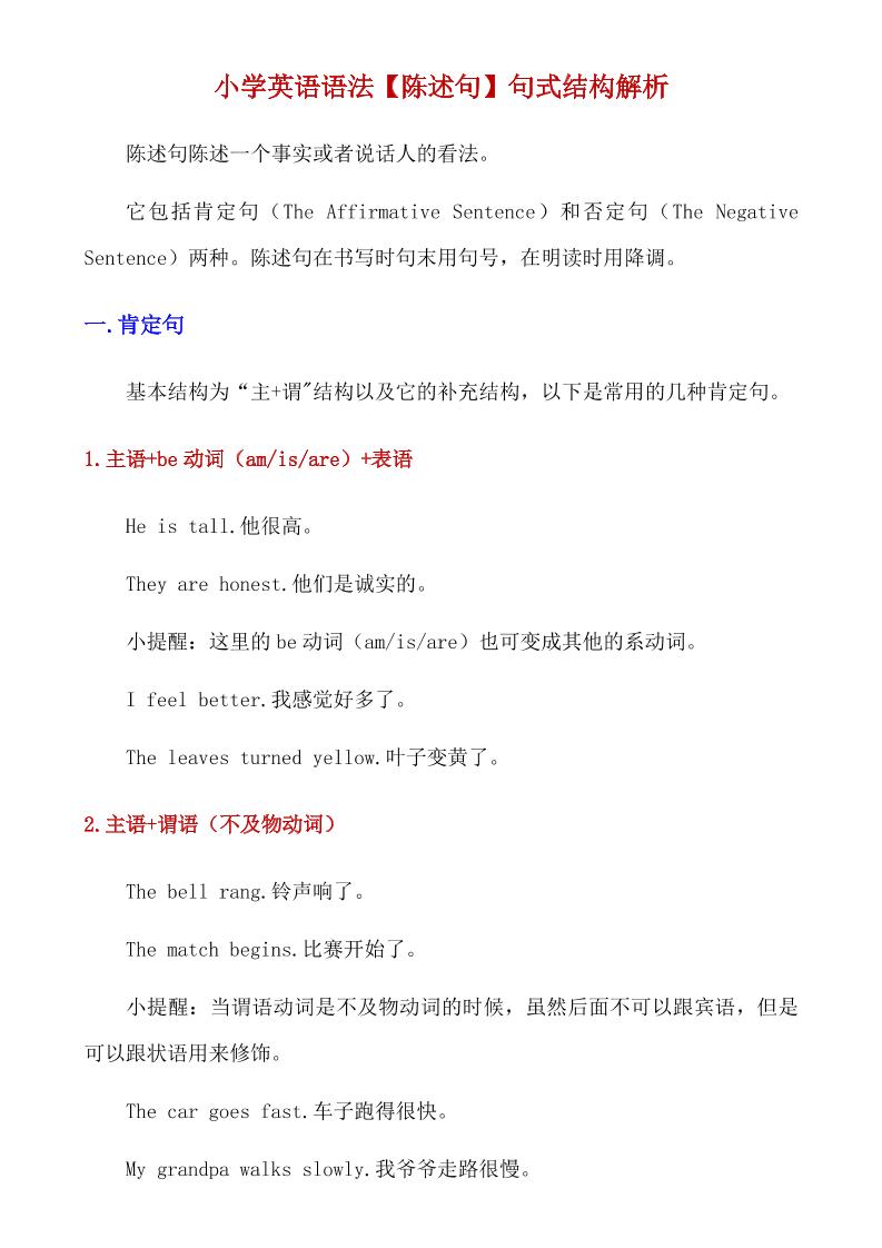 六下英语总复习小学英语语法【陈述句】句式结构解析_练习题|试卷|知识点|复习提纲