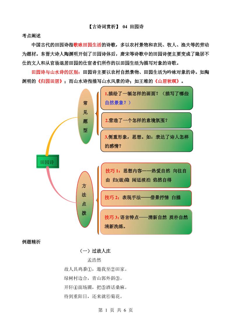 六下语文【古诗词鉴赏】04田园诗_练习题|试卷|知识点|复习提纲