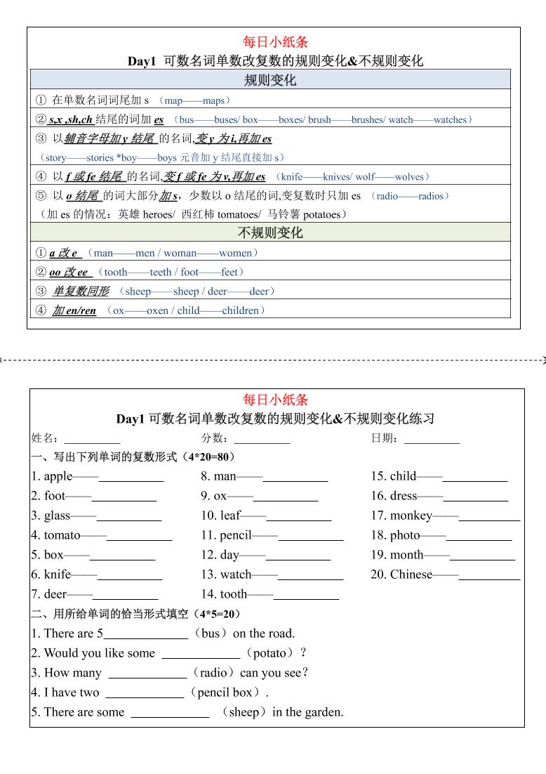 四上人教PEP版英语【语法每日小纸条】_练习题|试卷|知识点|复习提纲