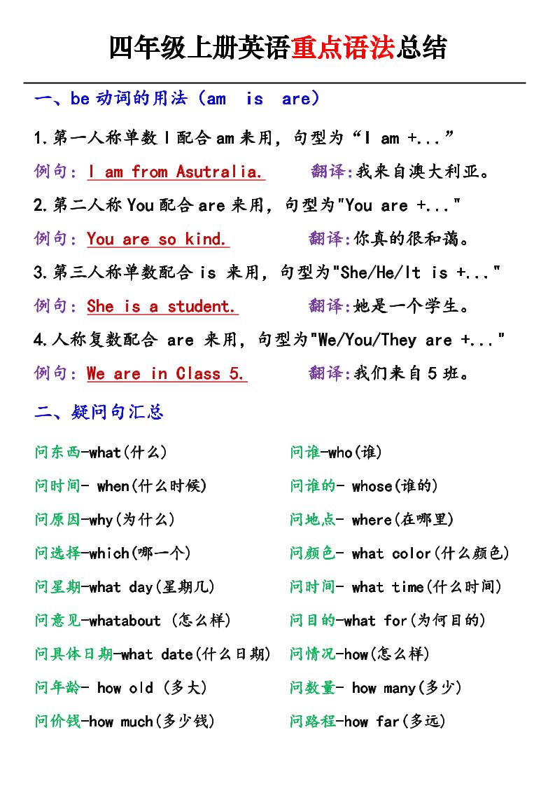 四上英语通用四上英语【重点语法总结】_练习题|试卷|知识点|复习提纲