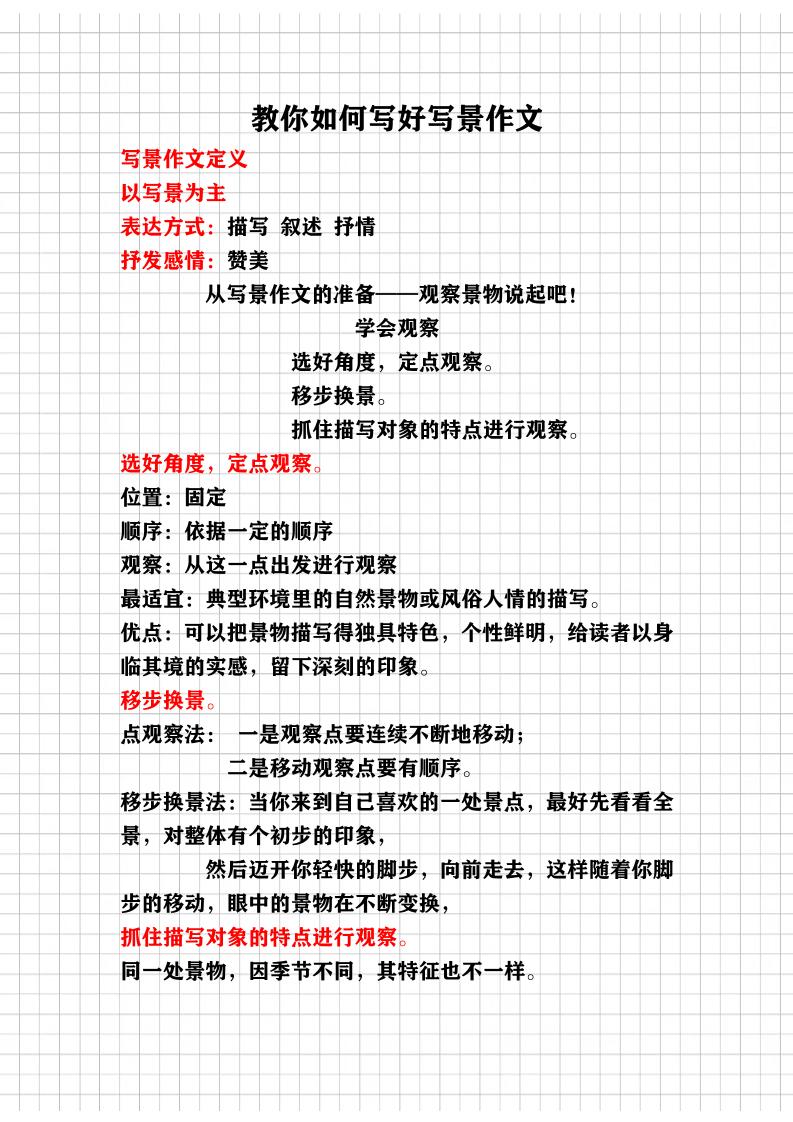 四上语文通用教你写好（写景作文）讲义_练习题|试卷|知识点|复习提纲