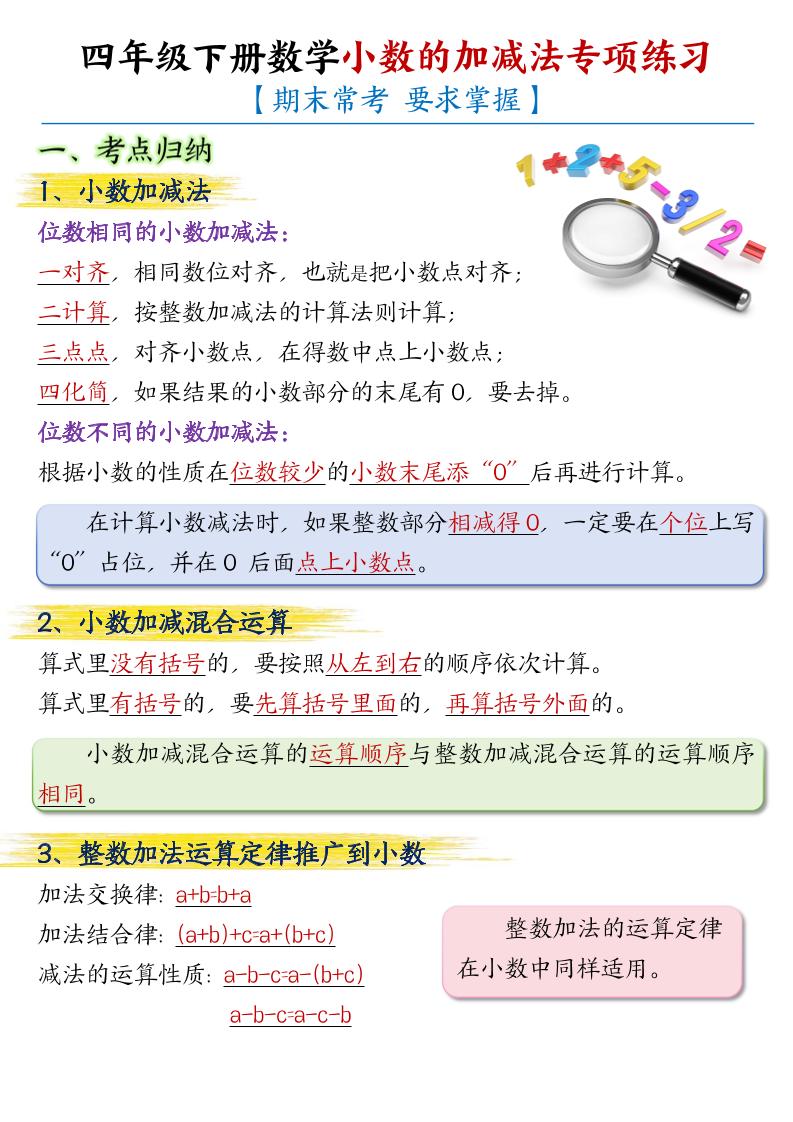 四下丨数学小数的加减法专项练习-空白（通用版）_练习题|试卷|知识点|复习提纲