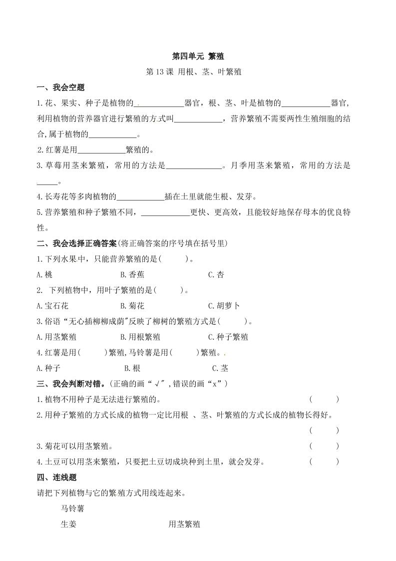 四下丨科学4.13课用根、茎、叶繁殖（苏教版）_练习题|试卷|知识点|复习提纲