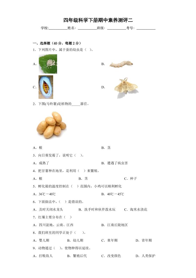 四下丨科学期中试卷(13)（冀教版）_练习题|试卷|知识点|复习提纲
