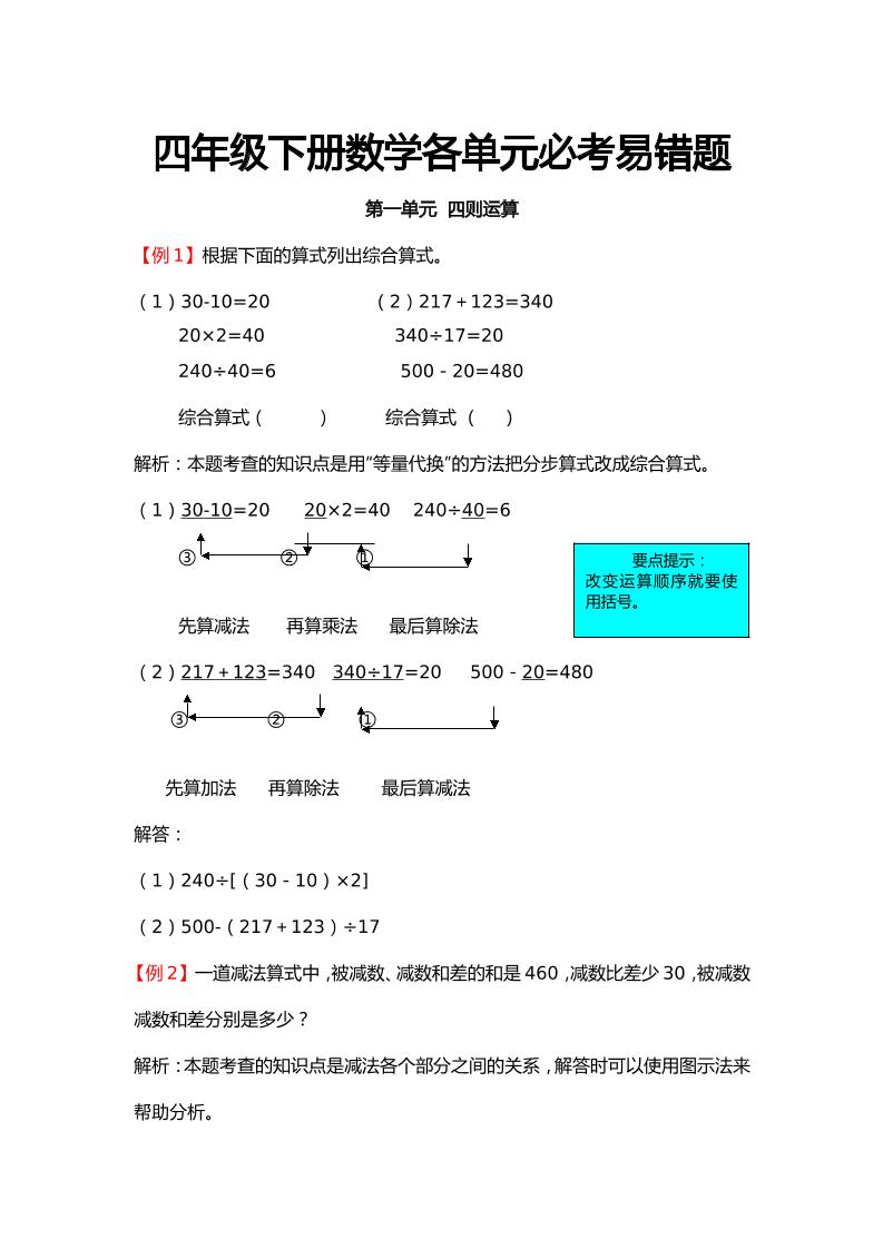 四下人教版数学【各单元必考易错题】_练习题|试卷|知识点|复习提纲