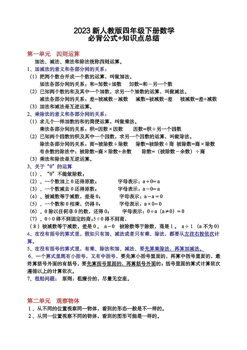 四下人教版数学【必背公式+知识点总结（8页）】_练习题|试卷|知识点|复习提纲
