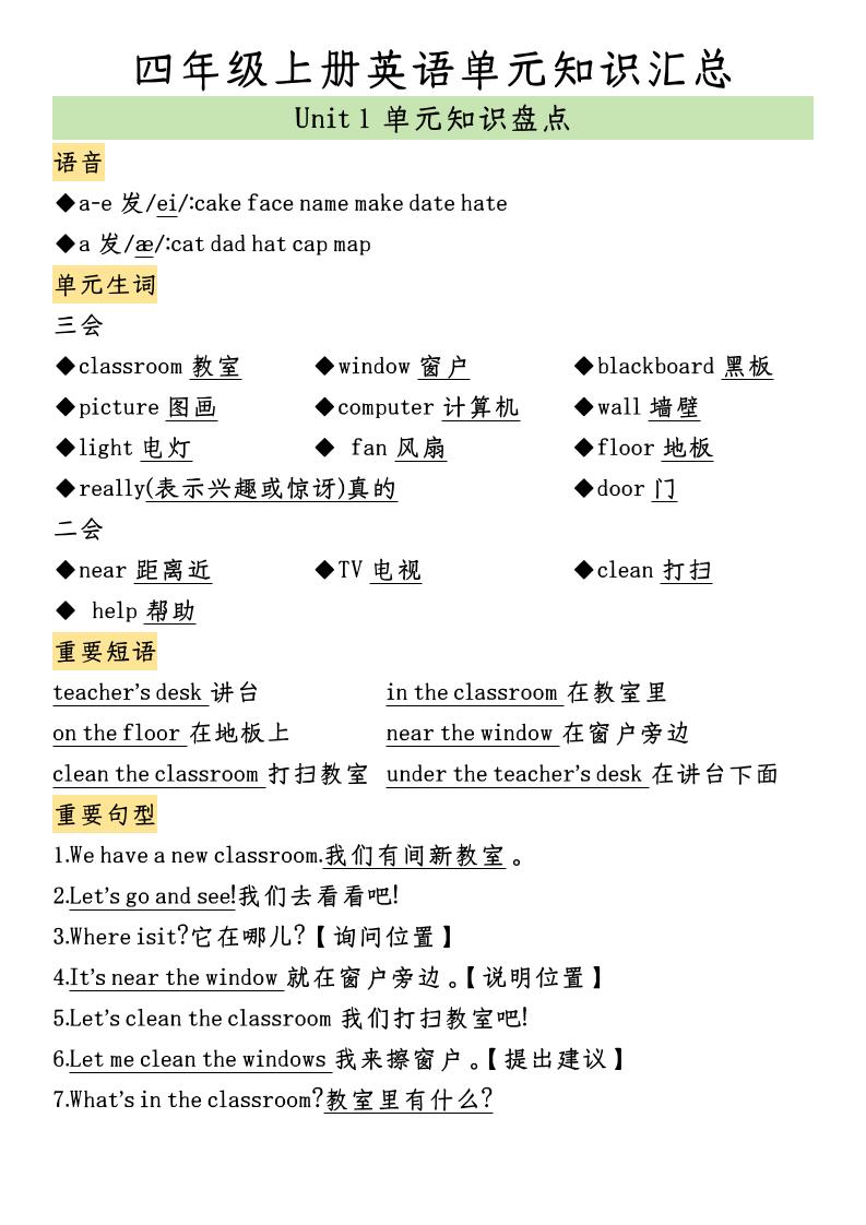 四人教PEP版英语【单元知识汇总+训练】_练习题|试卷|知识点|复习提纲