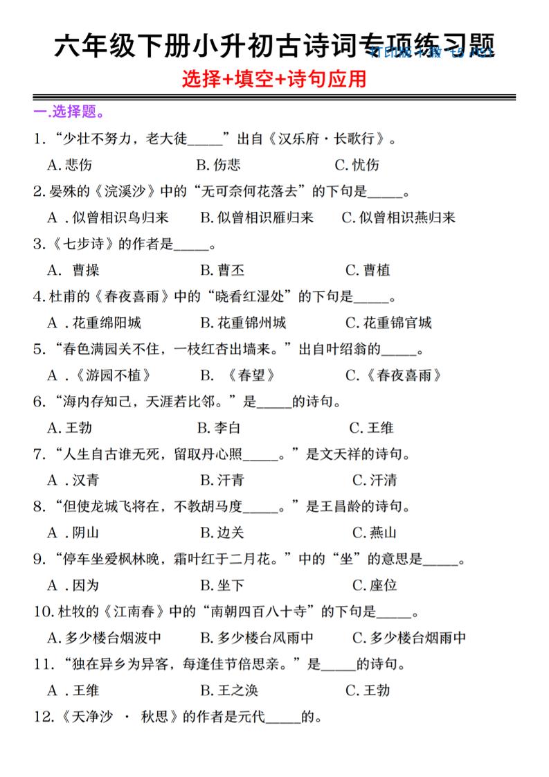 小升初语文古诗词专项练习题选择+填空+诗句应用_练习题|试卷|知识点|复习提纲