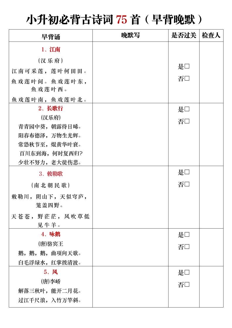 小升初语文必背古诗词75首（早背晚默）_练习题|试卷|知识点|复习提纲