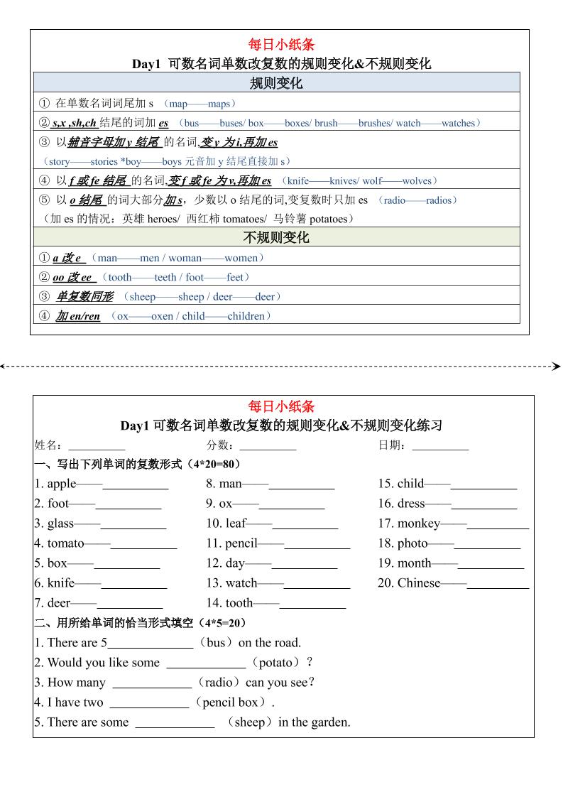 小学语法【每日小纸条】_练习题|试卷|知识点|复习提纲