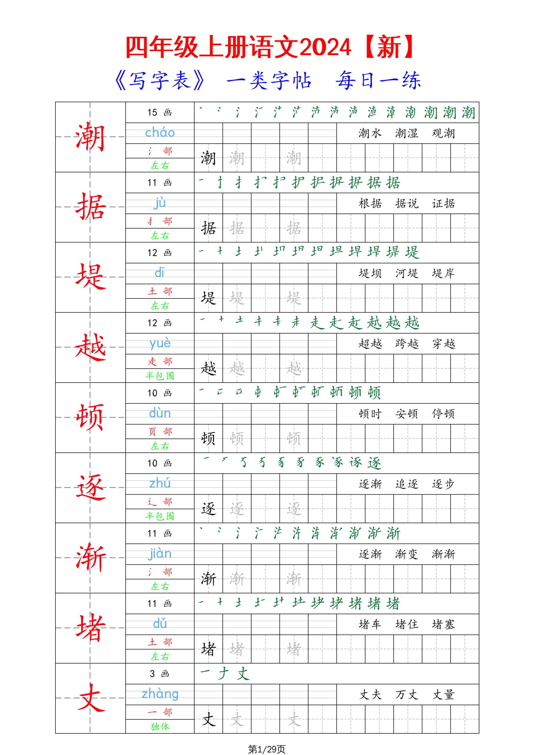语文四上语文通用【写字表一类字帖-每日一练】四上语文_练习题|试卷|知识点|复习提纲