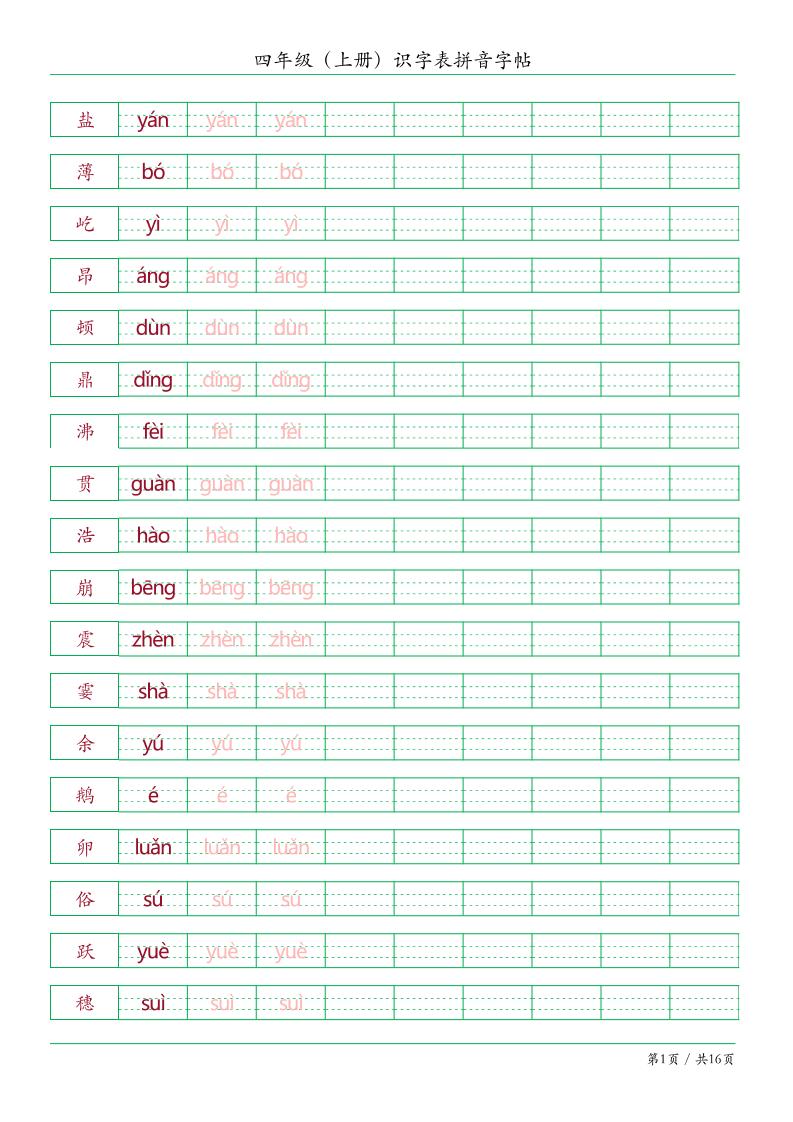 语文四上语文通用【识字表拼音字帖】四上语文_练习题|试卷|知识点|复习提纲