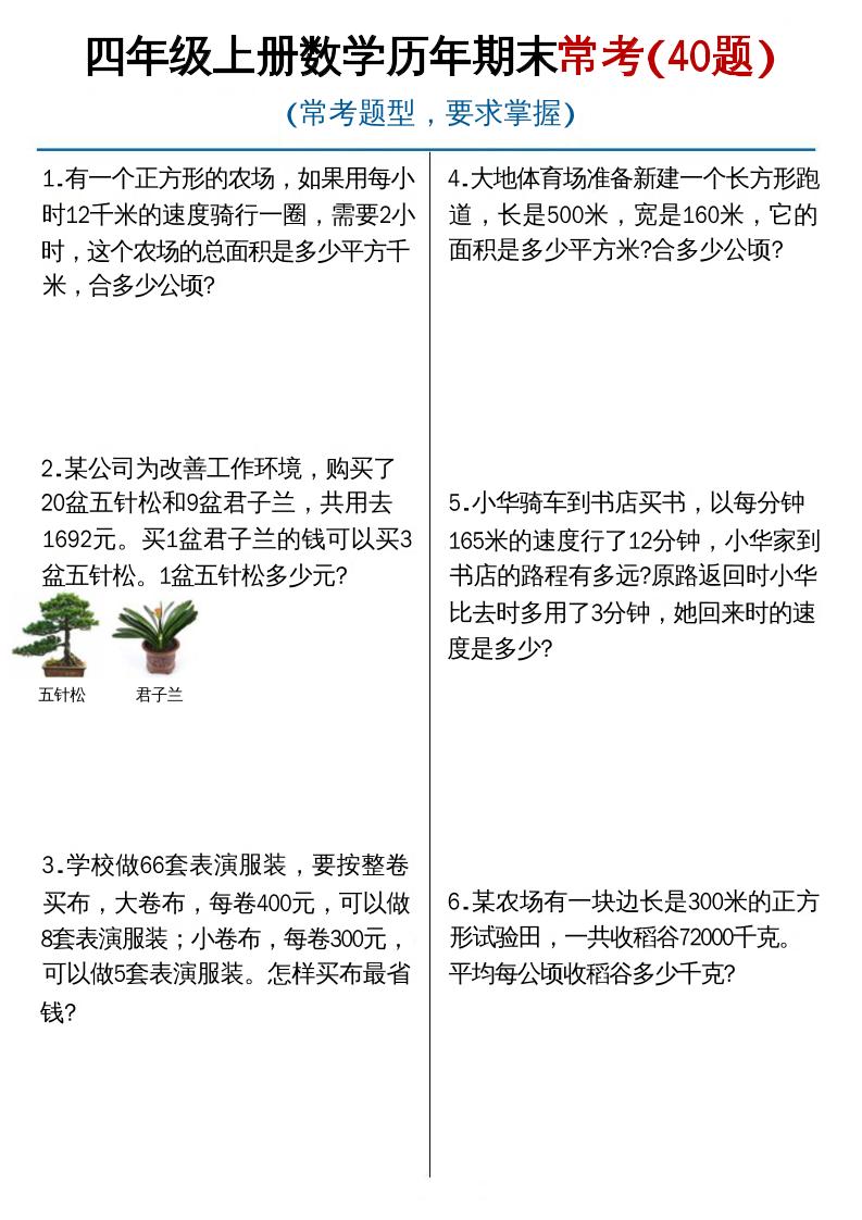 通用四上数学【历年期末常考（40题）】_练习题|试卷|知识点|复习提纲
