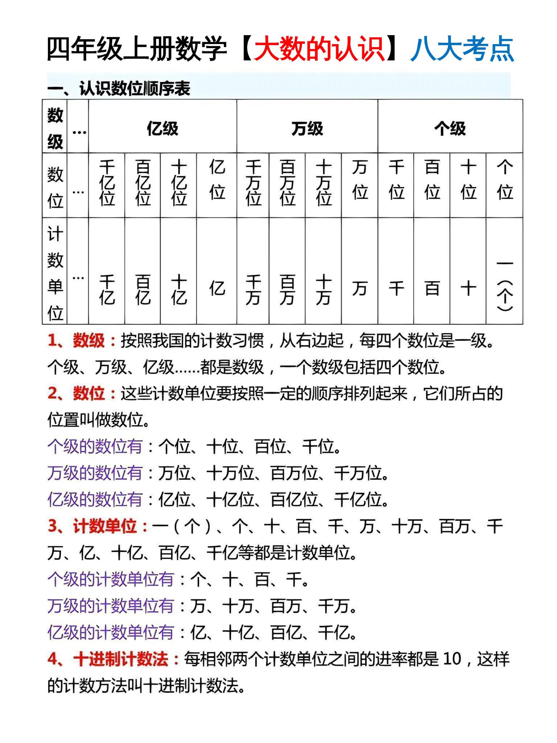 通用四上数学【大数的认识八大考点】_练习题|试卷|知识点|复习提纲