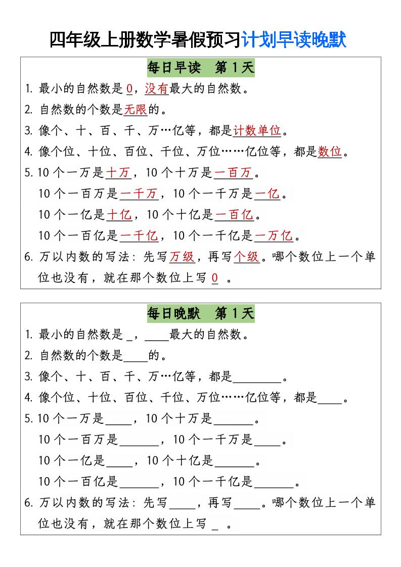 通用四上数学【暑假预习计划早读晚默】_练习题|试卷|知识点|复习提纲